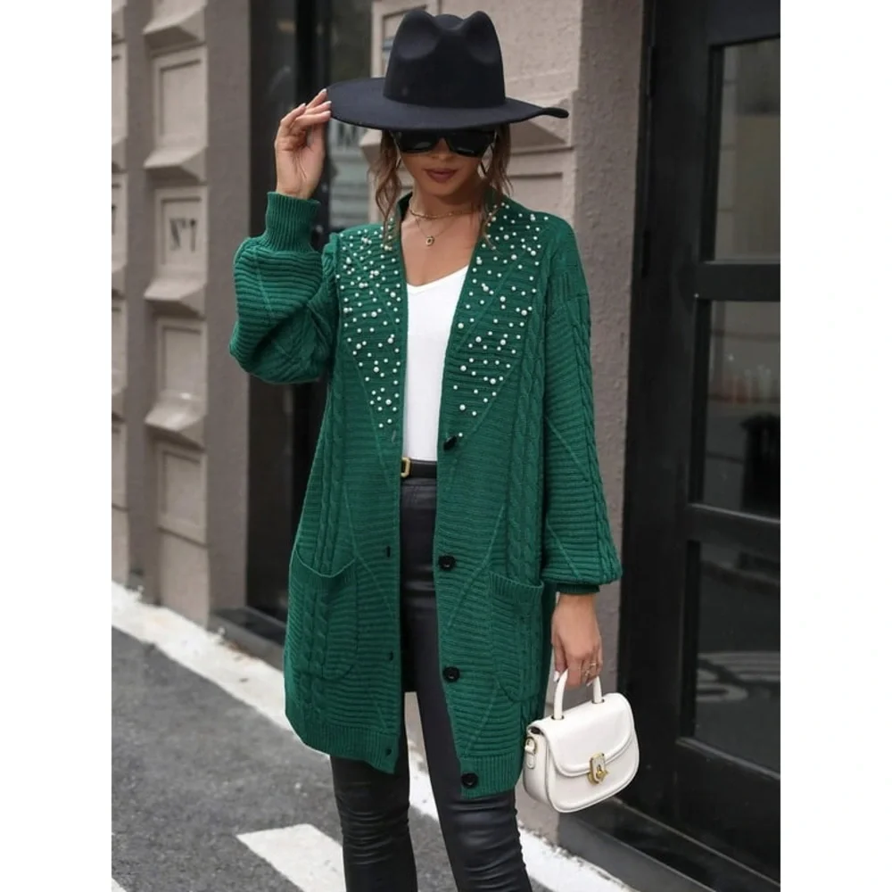NWT By Egreis Pearl Detail Cable-Knit Button Up Cardigan Forest Green Small